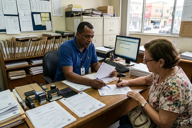 Despachante ajudando cliente a resolver questões documentais.