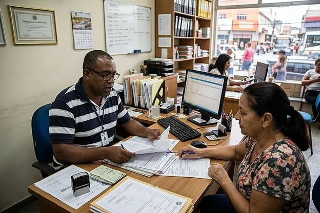 Despachante auxiliando cliente com documentação em Nilópolis.